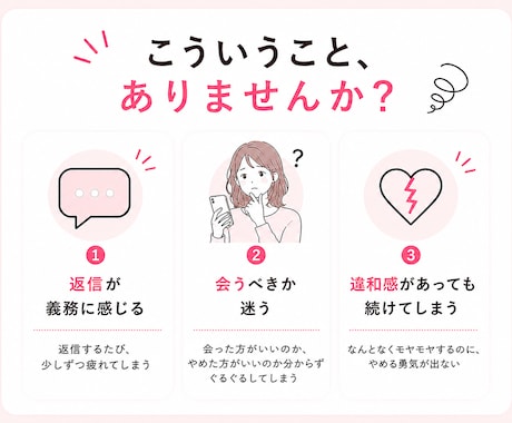 マッチングアプリ疲れ｜誰にどう返すか一緒に考えます 複数人とのやり取りに疲れた方へ。返信相手や優先順位を整理 イメージ2