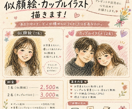 似顔絵やカップルイラストを制作しています 手描きならではの優しくあたたかい雰囲気のイラストを制作します イメージ1