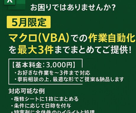 最大3件対応 Excelマクロで作業を自動化します 面倒な作業を一括マクロで時短Excel業務の自動化に最適 イメージ1