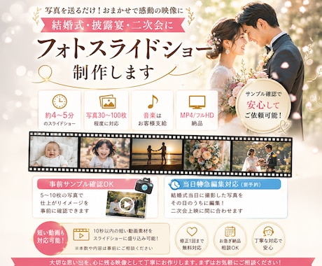 結婚式のフォトスライドショーを制作します 写真を送るだけのかんたん・おまかせ編集 イメージ1