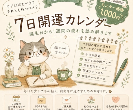 猫先生の7日開運カレンダー誕生日から運気を読みます 今日は進む？待つ？猫先生が7日間の流れを読み解きます イメージ1