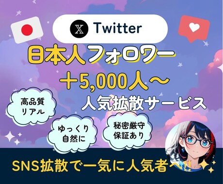 Twitterのフォロワー＋5000人増やします 高品質フォロワー　垢振り分け可能 イメージ1