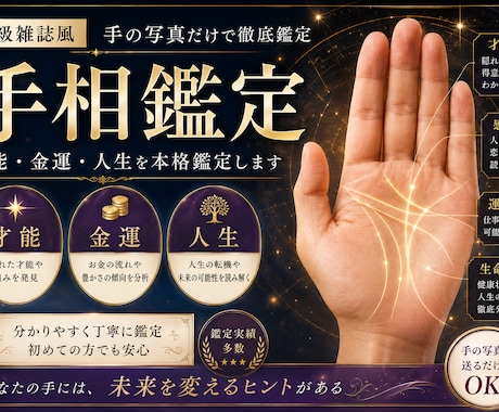 高級雑誌風手相から才能・金運・人生を本格鑑定します 手の写真だけで才能・金運・人生を徹底分析 イメージ1