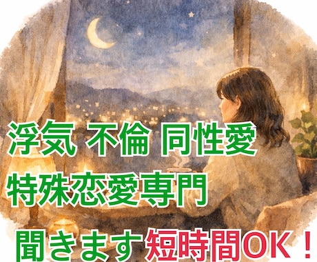 短時間OK！浮気、不倫、同性愛特殊恋愛話し聞きます 誰にも言えない秘密、話せない辛さ、聞きます。優しく寄り添い イメージ1