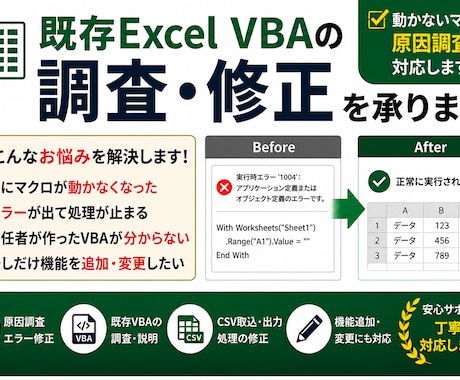 既存Excel VBAのエラー調査・修正を承ります 動かないマクロの原因調査から対応します イメージ1