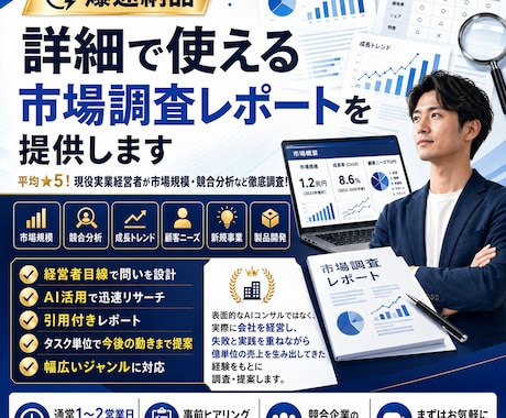 爆速納品。詳細で使える市場調査レポートを提供します 平均★5！現役実業経営者が市場規模・競合分析など徹底調査！ イメージ1