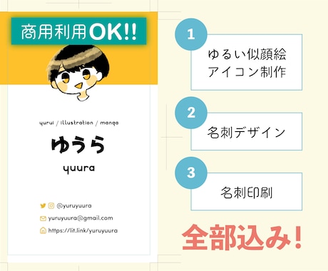 似顔絵アイコン付き★オリジナル名刺100部作ります デザイン＆ゆるいアイコン＆印刷代＆送料、基本料金に全部込み♪ イメージ1