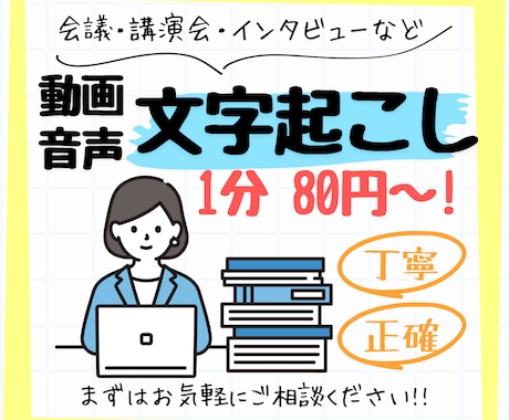 高精度　動画・音声データを丁寧にテキスト化します 動画・音声データを正確に文字起こしします。 イメージ1