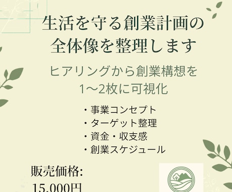 生活を守る創業計画の全体像を一枚に整理します ヒアリングからあなたの創業構想を具体化、1〜2枚に整理します イメージ1