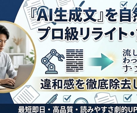 AI生成文を自然に！違和感を消して整えます 最新AIの違和感を徹底除去。人間味のある読みやすい文章へ！ イメージ1