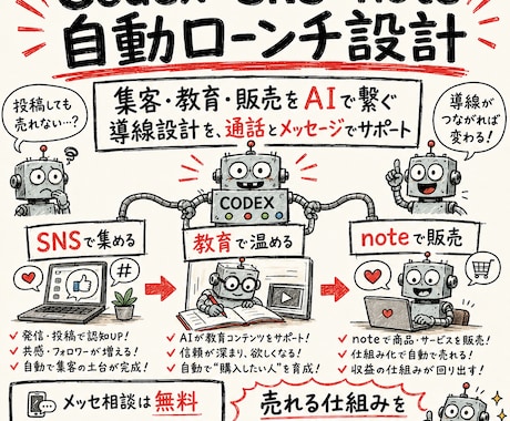 Codex×SNS×note自動ローンチ設計します 集客・教育・販売をAIで繋ぐ導線設計を、通話とメッセサポート イメージ1