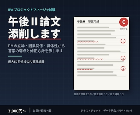 IPAプロジェクトマネージャ午後Ⅱ論文を添削します PMの立場・因果関係・具体性から答案を診断します イメージ1