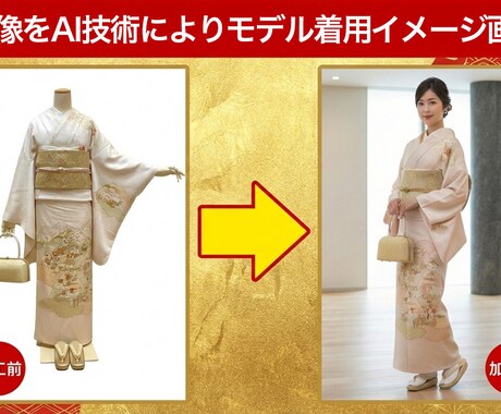 お手持ちの着物をAIモデルに着せた画像にいたします AIでお手持ちの着物画像から、自然な「着姿」を生成いたします イメージ1