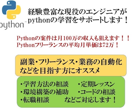 Pythonレッスンや相談・転職質問など対応します 副業・自動化をしたい方 【PC初心者OK】 イメージ1