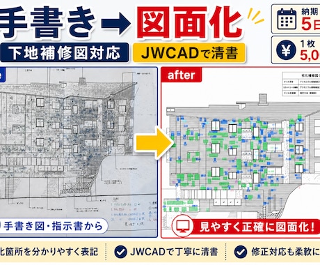 手書きの下地補修図をJWCAD化します 提出用に見やすくキレイに図面化します イメージ1