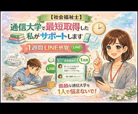 社会福祉士取得した私が◆通信大学のサポートします ◉1週間LINE感覚◉孤独な通信大学を1人で悩まないで！ イメージ1