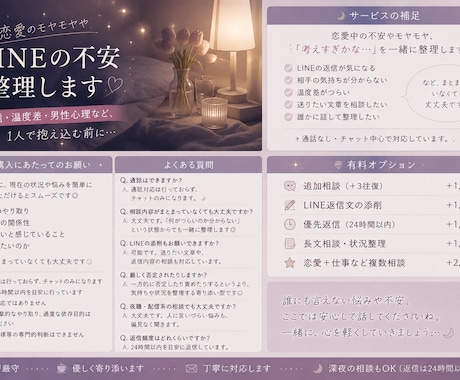 恋愛のモヤモヤやLINEの不安整理します 返信・温度差・男性心理など、1人で抱え込む前に イメージ1