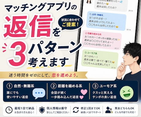 マッチングアプリの返信を3パターン考えます 返信に迷った時に！自然・距離を縮める・ユーモアの3案をご提案 イメージ1