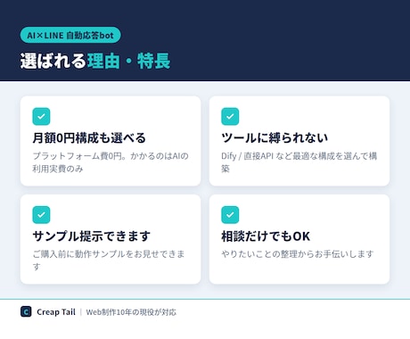 公式LINEにAIの自動応答botを作ります よくある質問対応をAIに任せて、月額0円構成も選べます イメージ2