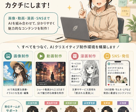 AIコンテンツ制作システムを設計・構築します 画像・動画・漫画・SNS発信をつなぎ、継続できる制作環境へ イメージ1