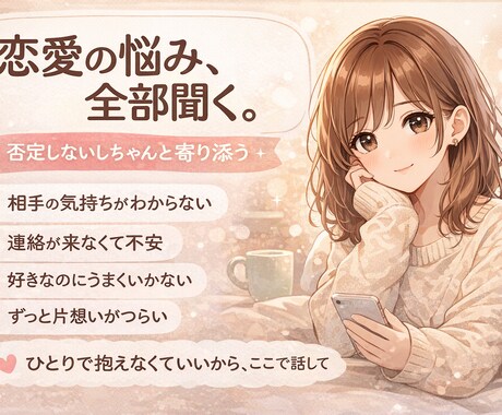 恋愛の悩み、全部聞きます 片想い・復縁・不安・モヤモヤ、ひとりで抱えなくていいんです。 イメージ1