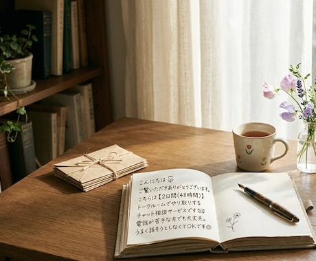 2日間チャット 話を聞きます 否定せず寄り添います 	誰にも言えない気持ちを 安心して話せる場所です イメージ1