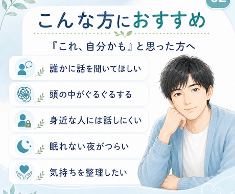 ただ聞くだけでなく、モヤモヤを一緒に言語化します 否定せず、急かさず、あなたの気持ちを一緒に整理します イメージ2