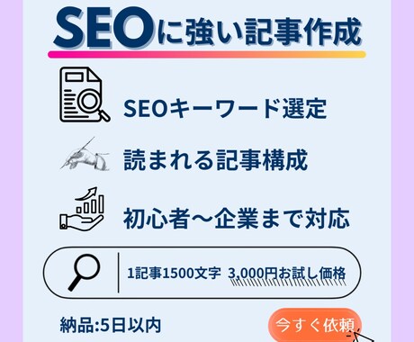 SEO対策！お試し価格となります どんな記事を書くのか？まずはお試し価格で試してみたい方へ イメージ1
