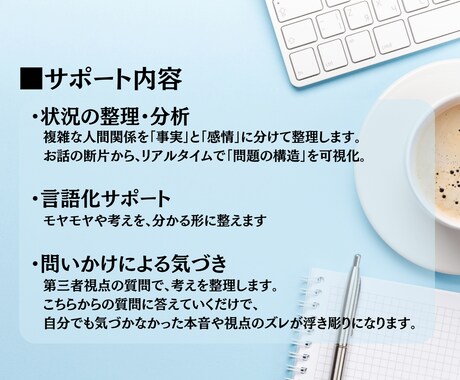 人間関係の構造分析相談｜3日間チャットで整理します 職場/友人/家族…対人関係のモヤモヤ・複雑な状況を整理 イメージ2
