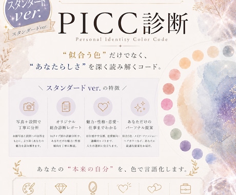 写真と設問回答であなたの本質や魅力まで言語化します 【スタンダードver.】独自理論のカラー診断｜PICC診断 イメージ1