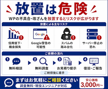 WPの不具合・エラー・改ざんを即日復旧します 調査無料｜WP歴15年の現役エンジニアが即日対応・再発防止 イメージ2