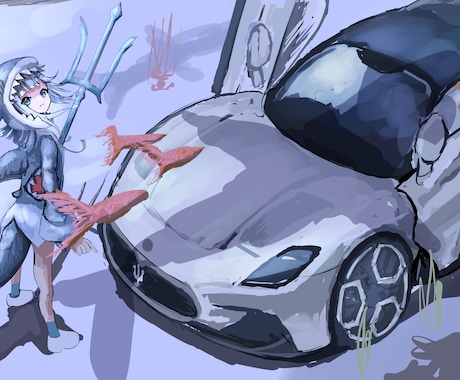 車とキャライラストの制作します カッコイイ車と かわいいキャラを1枚  