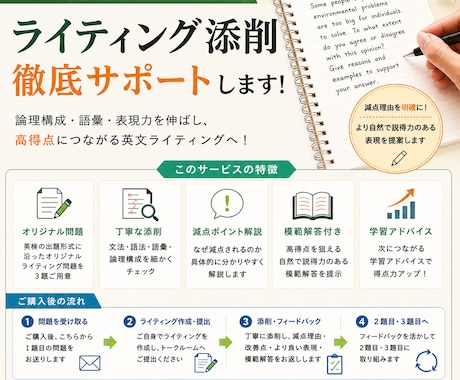 英検2級・準1級｜ライティング3本を徹底添削します なぜ減点される？更に良い表現は？を含めた添削をお返しします イメージ1