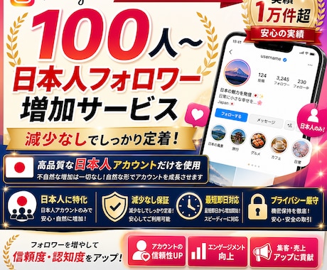 インスタ日本人リアルフォロワー100人増やします ⭐️最高品質⭐️減少なし！ゆっくり増加対応！振り分け可能！ イメージ1