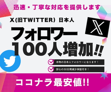 X・旧Twitterの日本人フォロワーを増加します 高品質な本物の日本人フォロワー100人増加！30日減少保証 イメージ1