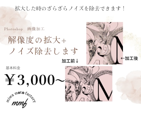 低解像度の写真、画像を拡大、ノイズ除去いたします せっかく作ったロゴやデザインの解像度上げませんか？ イメージ1