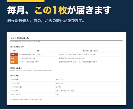 サイトの保守として毎月の点検を報告します 証明書切れ・リンク切れ・重さを毎月測って1枚で イメージ2
