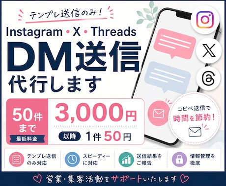 各種SNSのDM送信を代行します 〜50件3,000円｜以降1件50円換算 イメージ1