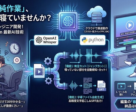 動画の無音カット＆字幕生成をAIで全自動化します 面倒なカット作業と文字起こしを0秒に。最強の時短ツール提供 イメージ1
