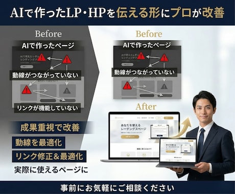 AIで作ったLP・HPを最適な形に修正・改善します プロが“動く・伝わる”状態にします。見た目だけのサイトを改善 イメージ2