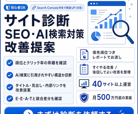 サイト診断、SEOとAI検索対策の改善提案します 順位は落ちてないのにアクセスが減った、という方へ イメージ1