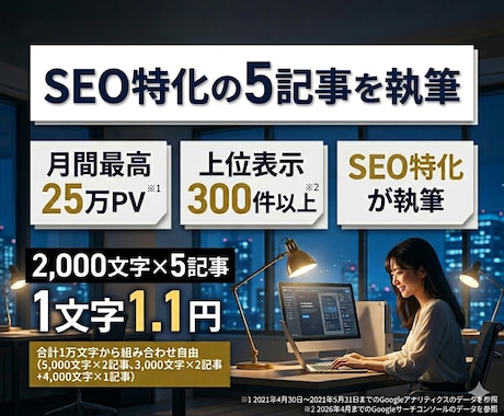 まとめて5記事！25万PV※1ライターが担当します 合計1万文字〜上位表示300件以上実績あり※2入稿無料 イメージ1