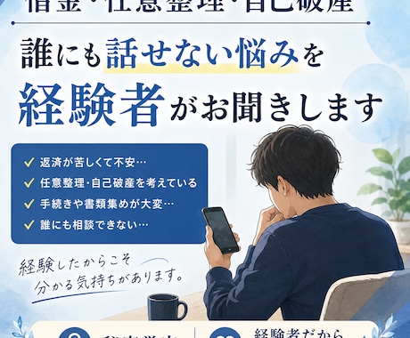 借金・任意整理・自己破産の悩みを経験者が聞きます 経験した立場でお聞きします全てを経験したからこそ分かる知識 イメージ1