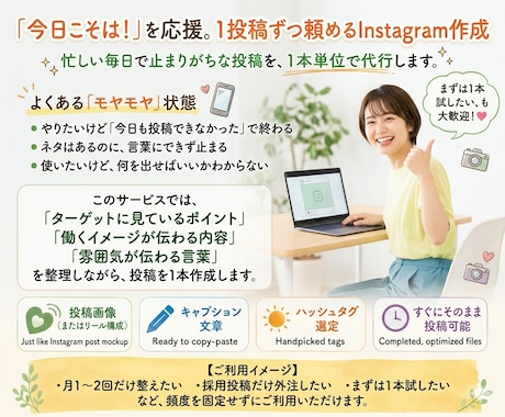 なんとなく投稿ではないSNS投稿1本作成します 実際の雰囲気が伝わる形に整えます。 イメージ1