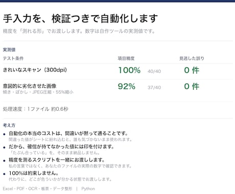 Excel・PDFの手入力作業を自動化します 精度を数字で検証してお渡しします｜OCR・帳票・データ整形 イメージ1