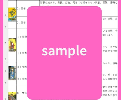 タロット大アルカナ詳細解釈一覧表PDF提供します 基本キーワード／出来事の解釈例+人間関係／恋愛上の意味 イメージ2