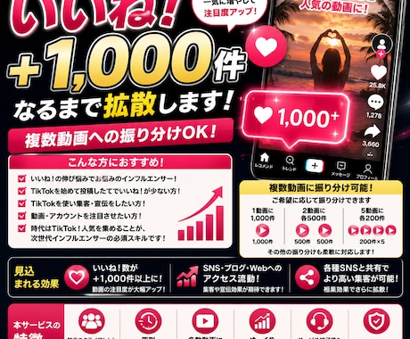 TikTok　いいね！+1000増やします イメージ1
