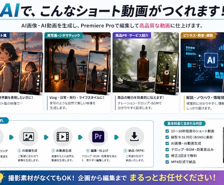 生成AIを活用したショート動画を制作します AI画像・AI動画×Premiere Proで映像化します イメージ2
