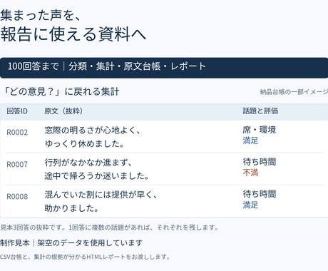 アンケートの自由記述を分類・集計します ChatGPT Pro活用｜原文つき集計・報告資料 イメージ2
