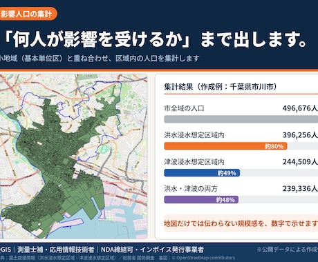 ハザード情報を重ねた防災リスク図を作成します 洪水・津波・土砂を1枚に｜影響人口の集計まで対応 イメージ2